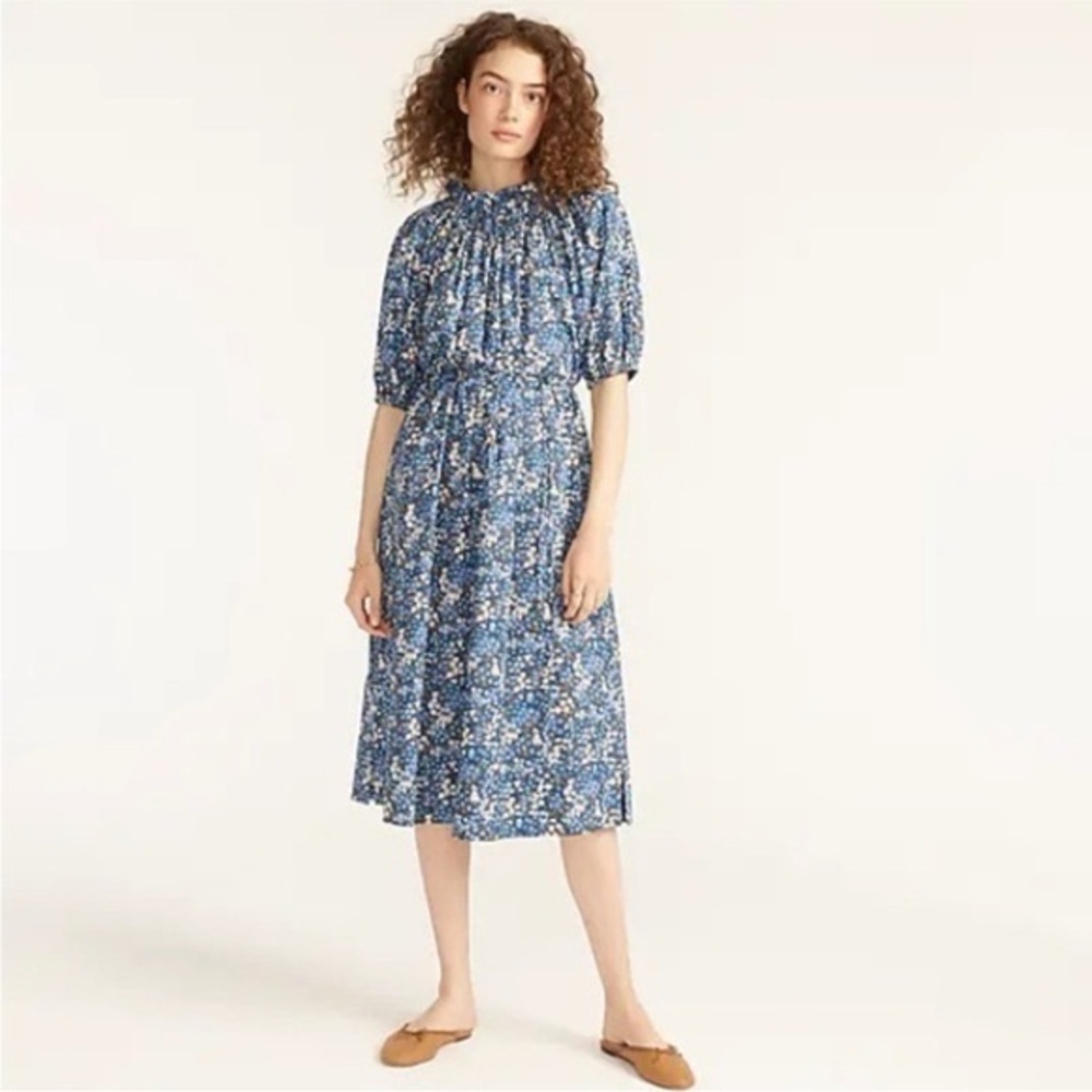 J. Crew Smocked Puff Sleeve Midi Dress XS Liberty Fabric Blue Floral Cottagecore